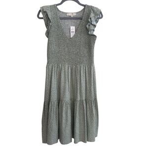 NWT Ann Taylor Loft Tall Green and White Cottagecore Floral Smoked Tiered Dress